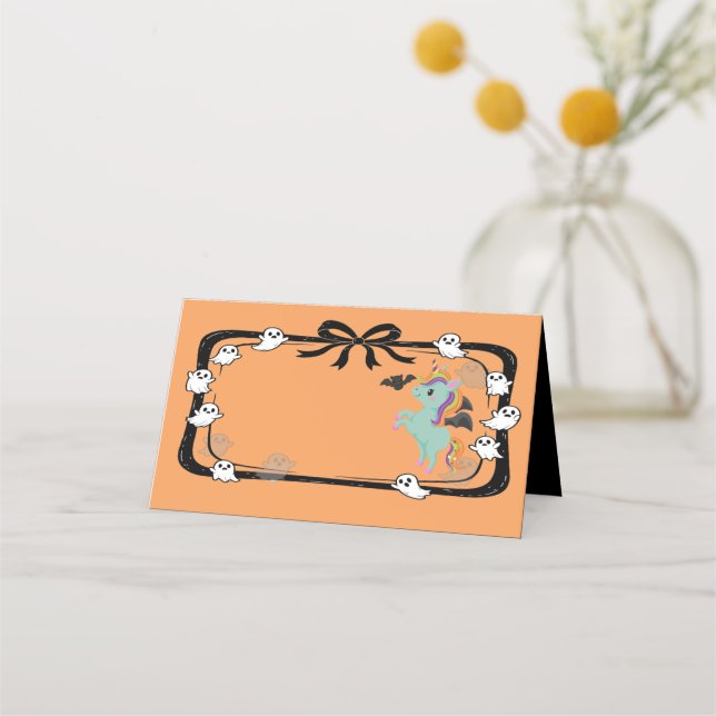 Halloween Unicorn Greeting Bat Orange Place Card Placeringskort (Framsida)