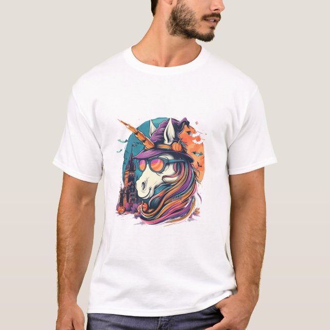 Halloween Unicorn Witch Bats T Shirt (Framsida)