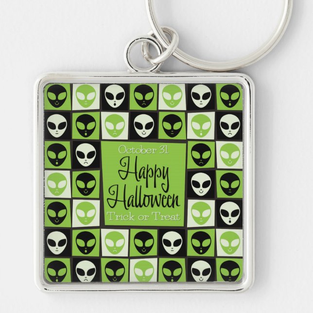 Halloween utomjordisk mosaik fyrkantig silverfärgad nyckelring (Framsidan)