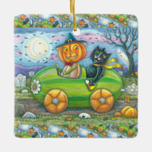 HALLOWEEN VÄG RESA, JACK OCH SVARTA KATTVÄNNER JULGRANSPRYDNAD KERAMIK