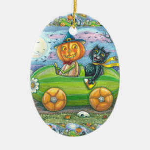 HALLOWEEN VÄG RESA, JACK OCH SVARTA KATTVÄNNER JULGRANSPRYDNAD KERAMIK