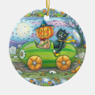 HALLOWEEN VÄG RESA, JACK OCH SVARTA KATTVÄNNER JULGRANSPRYDNAD KERAMIK
