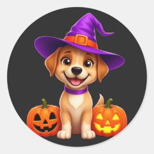 Halloween-valp i häxhatt med pumpa 🎃 runt klistermärke