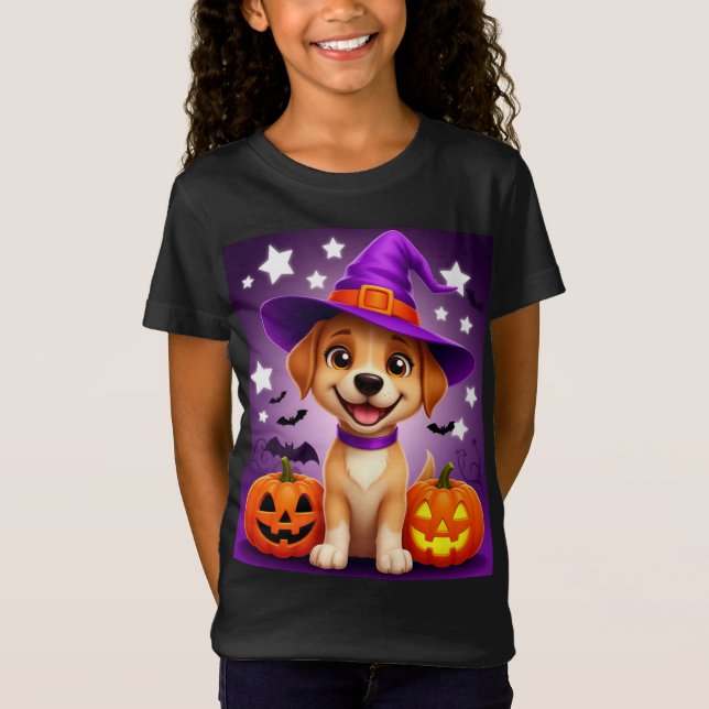 Halloween-valp i häxhatt med pumpa 🎃 t shirt (Framsida)