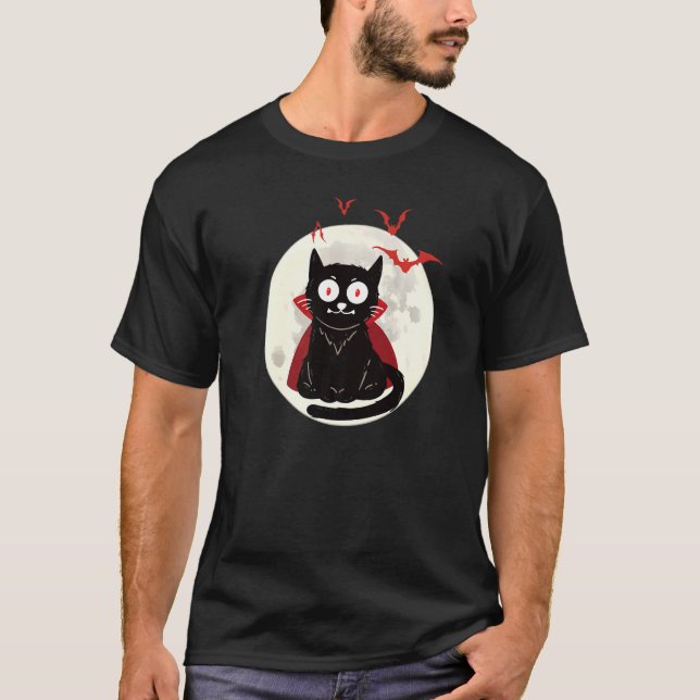Halloween Vampire Cat Full Moon Fladdermöss Hallow T Shirt (Framsida)