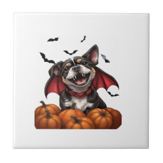 Halloween Vampire Hund med pumpor Klassisk T-Shirt Kakelplatta