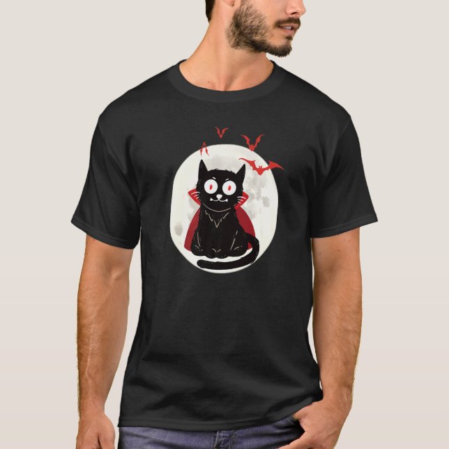 Halloween Vampyr Katt Fullmåne Fladdermöss Hallowe T Shirt (Framsida)