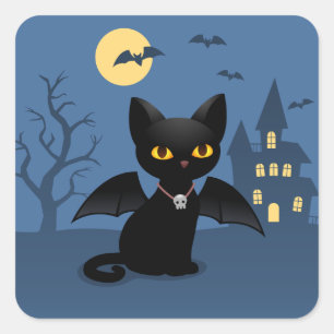 Halloween Vampyr Svart Katt med Vingar Fyrkantigt Klistermärke