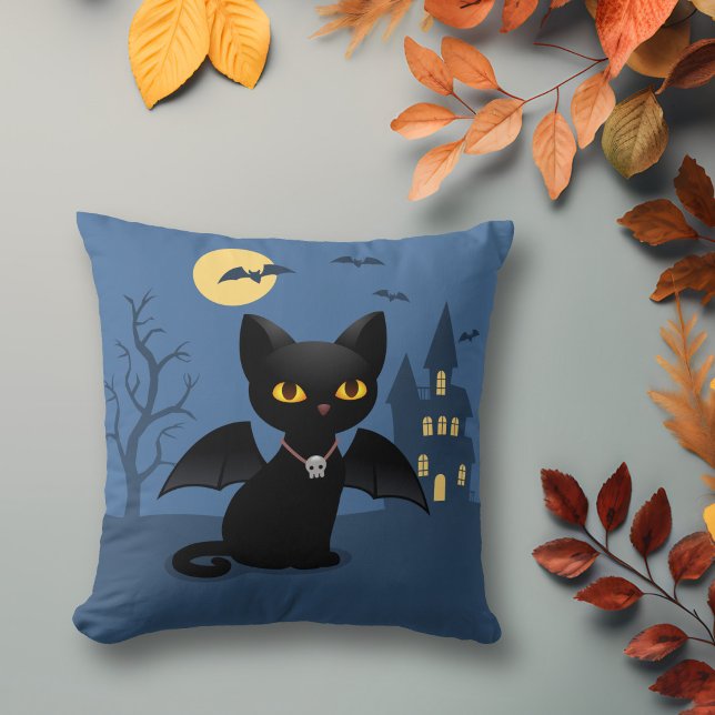 Halloween Vampyr Svart Katt med Vingar Kudde (Skapare uppladdad)