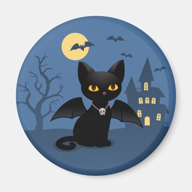 Halloween Vampyr Svart Katt med Vingar Magnet (Framsidan)