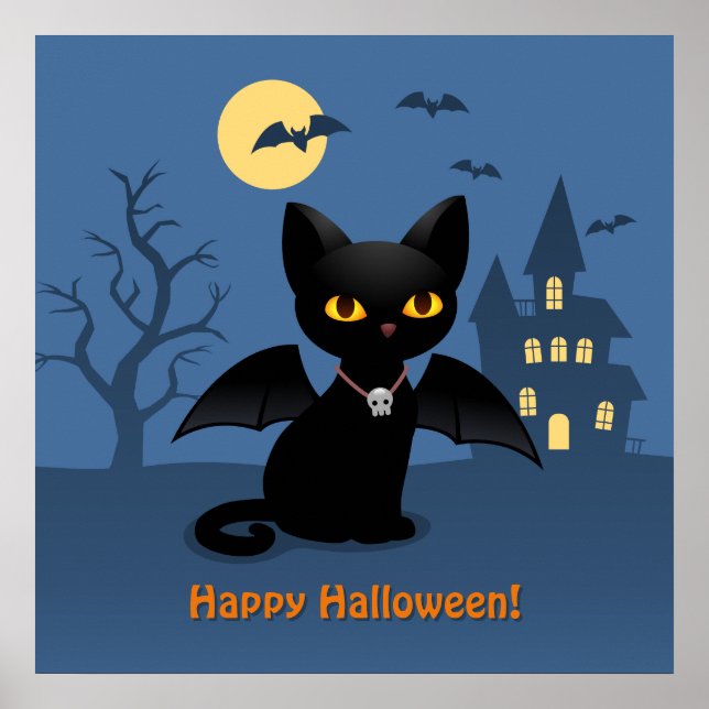 Halloween Vampyr Svart Katt med Vingar Poster (Framsidan)