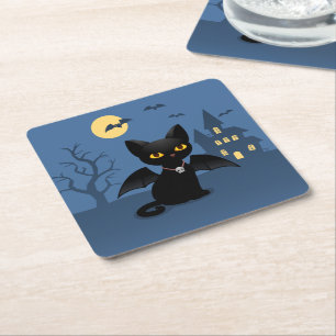 Halloween Vampyr Svart Katt med Vingar Underlägg Papper Kvadrat