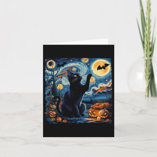 Halloween Van Gogh' Starry Natt Black Cat Pumpkin Kort (Framsida)