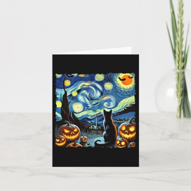 Halloween Van Gogh Starry Night Black Cat Kort (Framsida)
