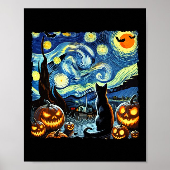 Halloween Van Gogh Starry Night Black Cat Poster (Framsidan)