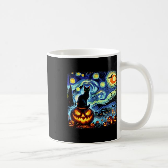 Halloween Van Gogh Starry Night Black Cat Pumpkins Kaffemugg (Höger)