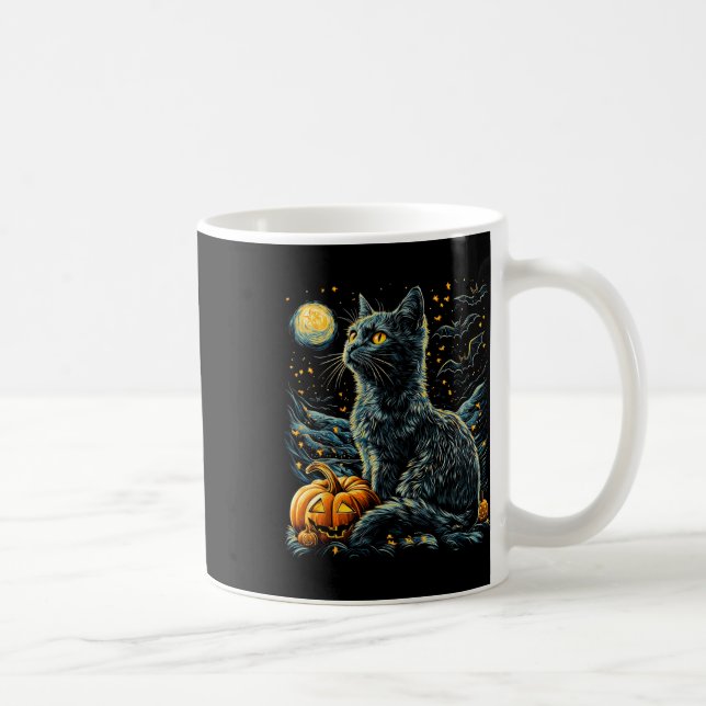 Halloween Van Gogh Starry Night Black Cat Pumpkins Kaffemugg (Höger)