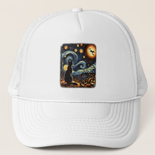 Halloween Van Gogh Starry Night Black Cat Pumpkins Keps (Framsida)