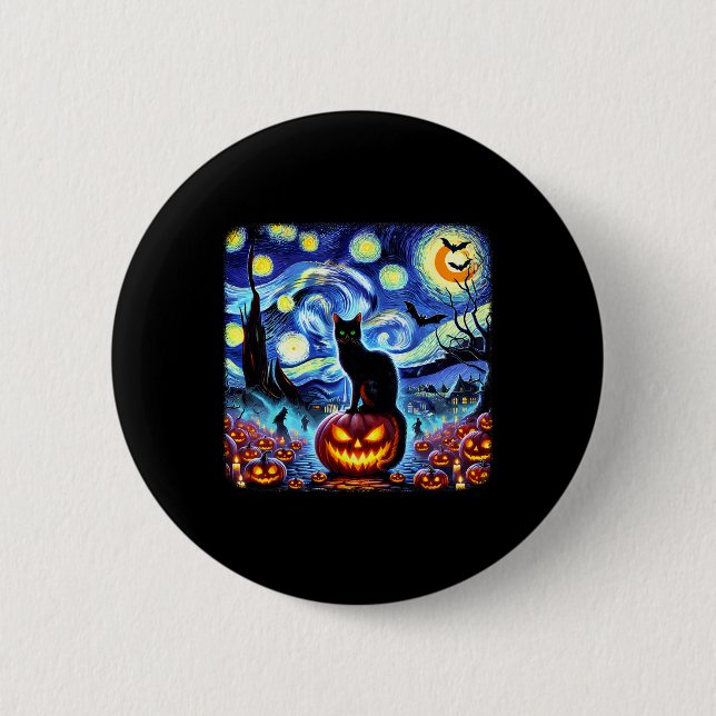 Halloween Van Gogh Starry Night Black Cat Pumpkins Knapp (Framsida)