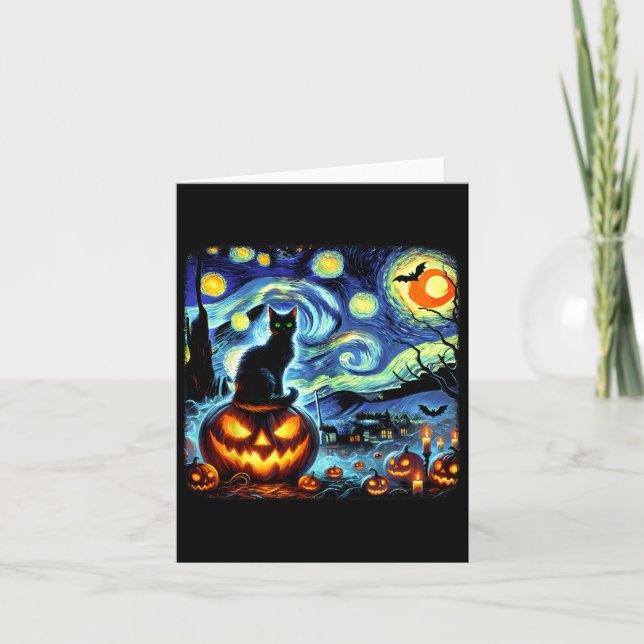 Halloween Van Gogh Starry Night Black Cat Pumpkins Kort (Framsida)
