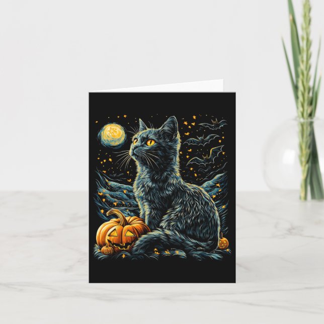 Halloween Van Gogh Starry Night Black Cat Pumpkins Kort (Framsida)