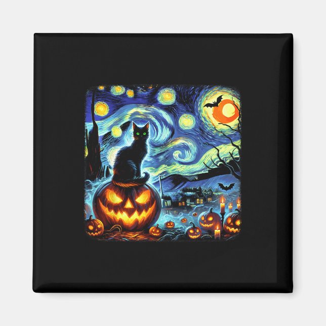 Halloween Van Gogh Starry Night Black Cat Pumpkins Magnet (Framsidan)