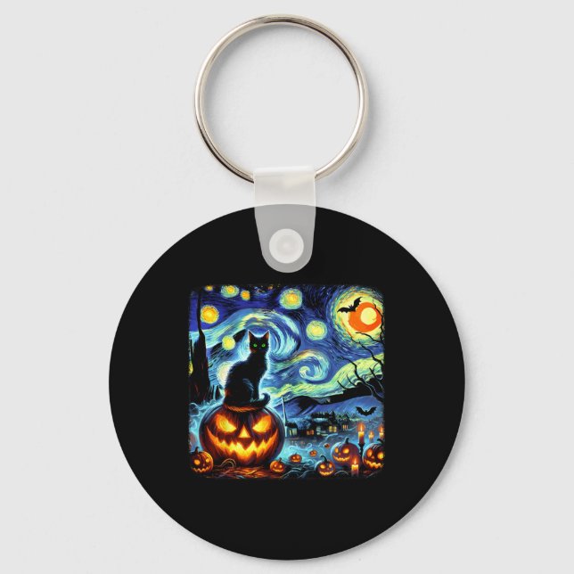 Halloween Van Gogh Starry Night Black Cat Pumpkins Nyckelring (Framsida)