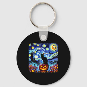 Halloween Van Gogh Starry Night Black Cat Pumpkins Nyckelring