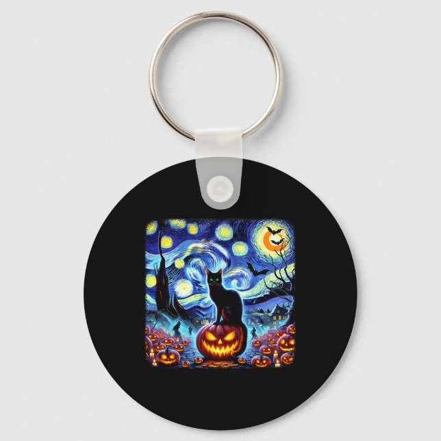 Halloween Van Gogh Starry Night Black Cat Pumpkins Nyckelring (Framsida)