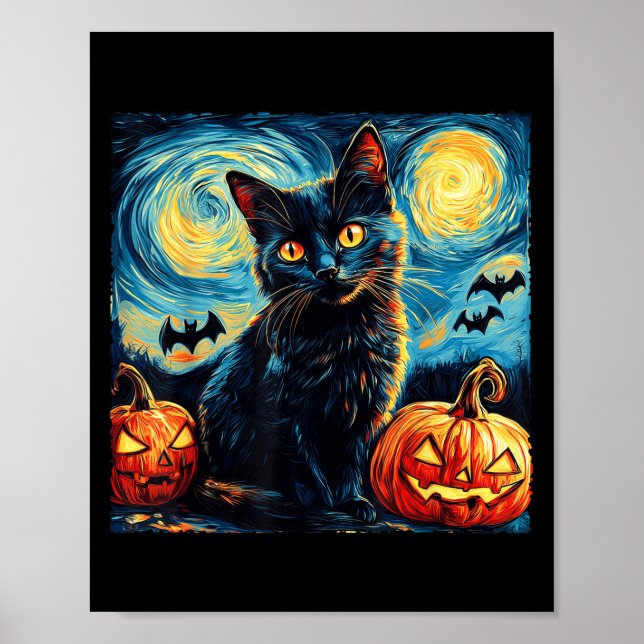 Halloween Van Gogh Starry Night Black Cat Pumpkins Poster (Framsidan)