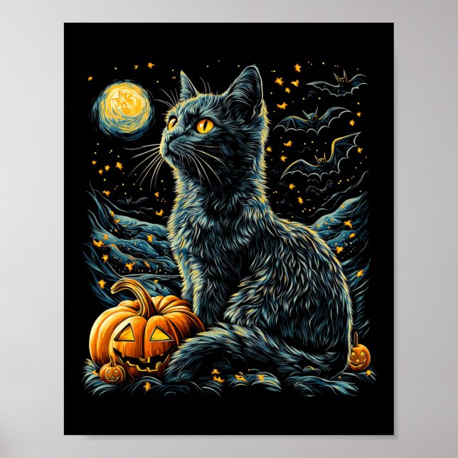 Halloween Van Gogh Starry Night Black Cat Pumpkins Poster (Framsidan)