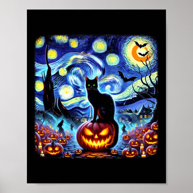 Halloween Van Gogh Starry Night Black Cat Pumpkins Poster (Framsidan)