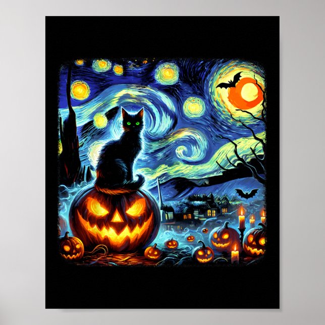 Halloween Van Gogh Starry Night Black Cat Pumpkins Poster (Framsidan)