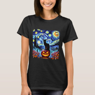 Halloween Van Gogh Starry Night Black Cat Pumpkins T Shirt