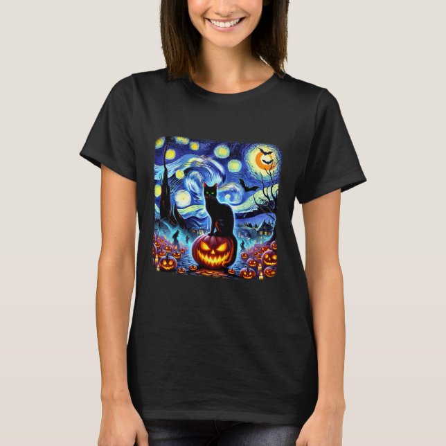 Halloween Van Gogh Starry Night Black Cat Pumpkins T Shirt (Framsida)