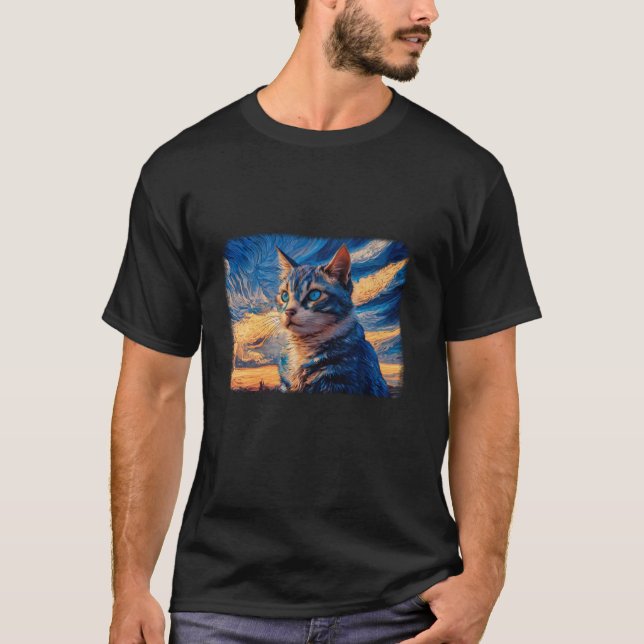 Halloween Van Gogh Starry Night Black Cat T Shirt (Framsida)