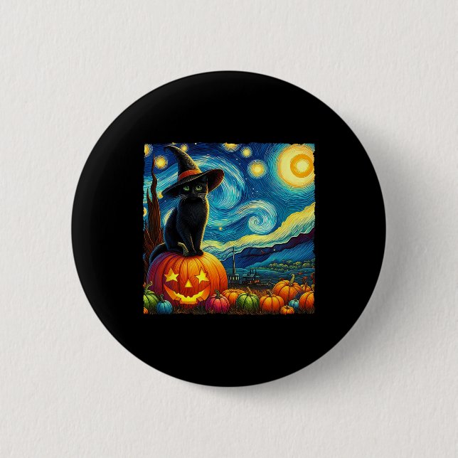 Halloween Van Gogh Starry Night Black Cat Witch Ha Knapp (Framsida)