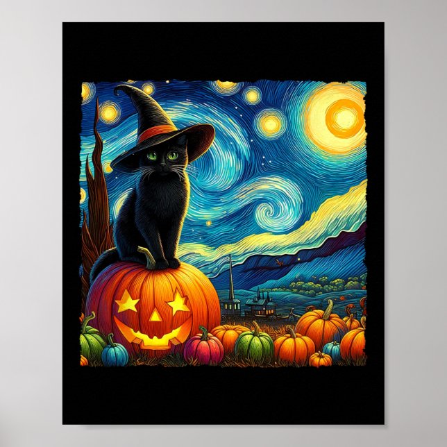Halloween Van Gogh Starry Night Black Cat Witch Ha Poster (Framsidan)