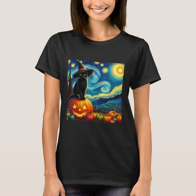 Halloween Van Gogh Starry Night Black Cat Witch Ha T Shirt (Framsida)