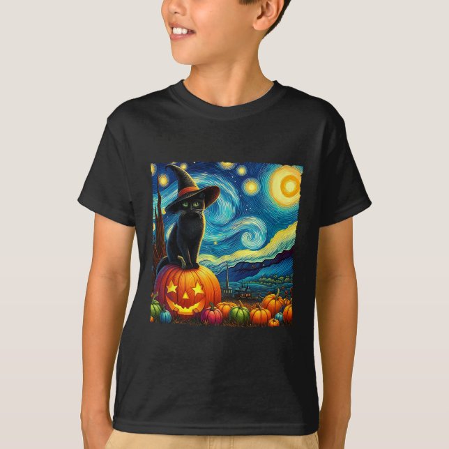 Halloween Van Gogh Starry Night Black Cat Witch Ha T Shirt (Framsida)
