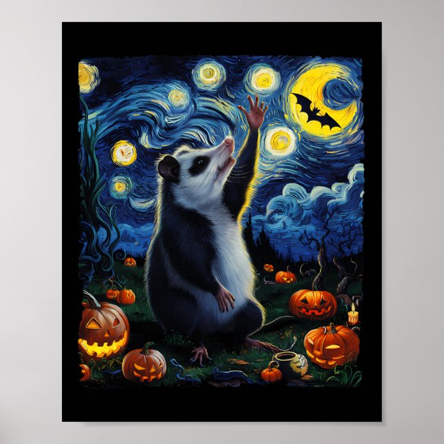 Halloween Van Gogh' Starry Night Opossum Pumpkins Poster (Framsidan)