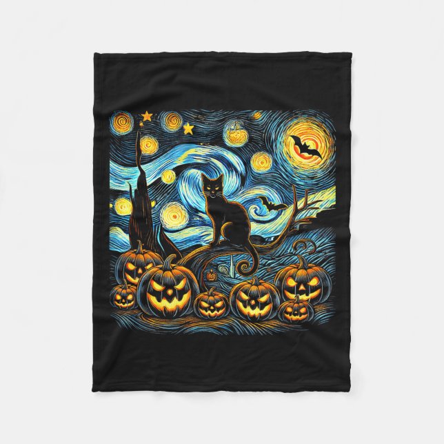 Halloween Van Gogh Starry Night Pumpkin Black Cat  Fleecefilt (Framsidan)