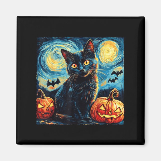 Halloween Van Gogh Stjärnkväll Svart Katt Pumpa Magnet (Framsidan)