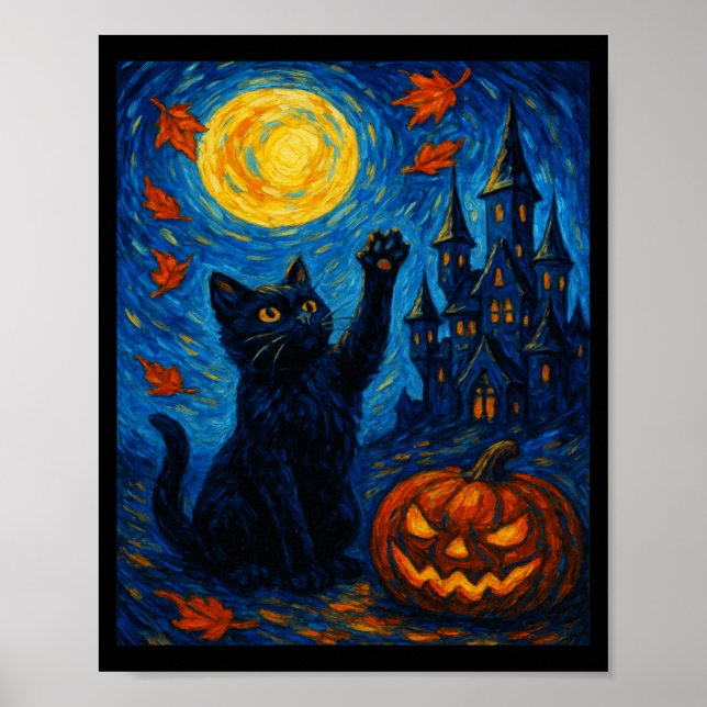 Halloween Van Gogh Stjärnkväll Svart Katt Pumpa Poster (Framsidan)