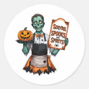 Halloween-vänlig serverare som serverar spöken och runt klistermärke