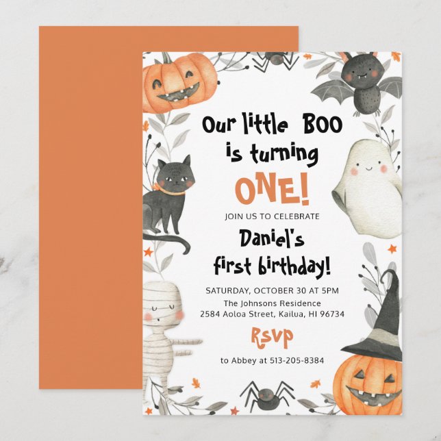 Halloween Vår lilla Boo Födelsedagsfest inbjudan (Fram/baksida)