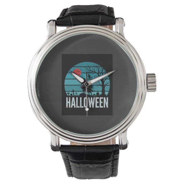 Halloween Varg Kyrkogård Måne Vektor Armbandsur (Framsida)