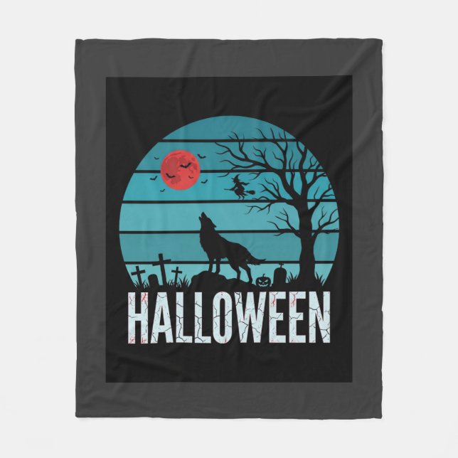 Halloween Varg Kyrkogård Måne Vektor Fleecefilt (Framsidan)