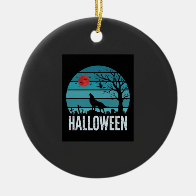 Halloween Varg Kyrkogård Måne Vektor Julgransprydnad Keramik (Framsidan)