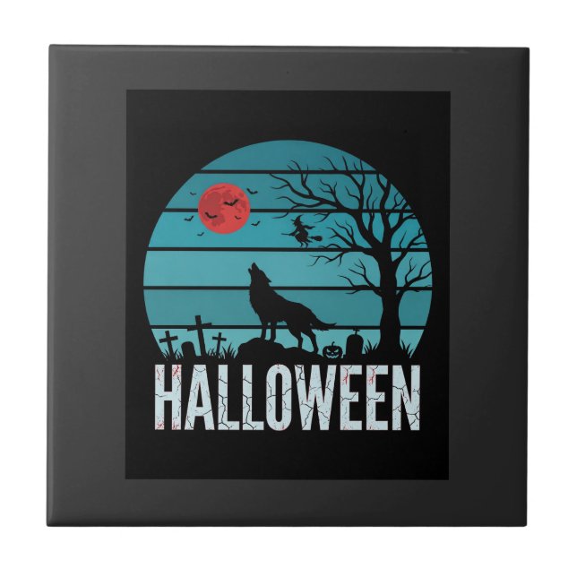Halloween Varg Kyrkogård Måne Vektor Kakelplatta (Framsidan)